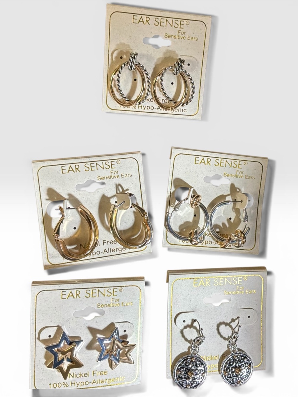 Ear Sense Hypoallergenic Earrings Bundle Mixed Hoops Stars Silver and Gold Tone